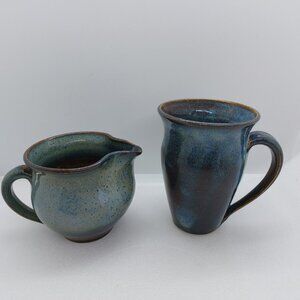 Blue With Brown Pottery Mug & Creamer Handcrafted